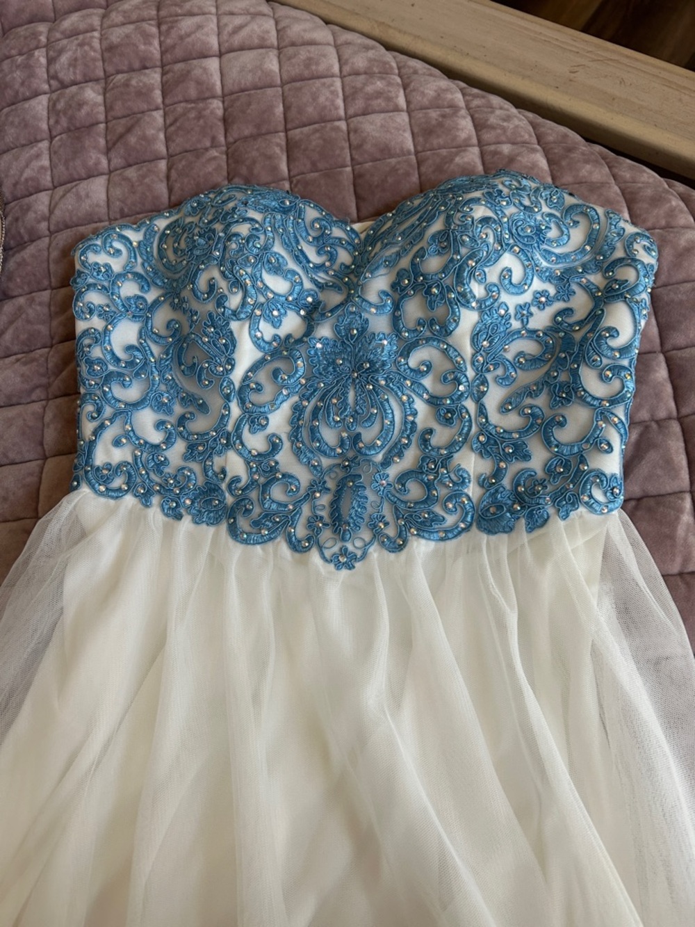Blondie Nites White Tulle Prom Dress with Blue Embellished Bodice - Picture 4 of 5